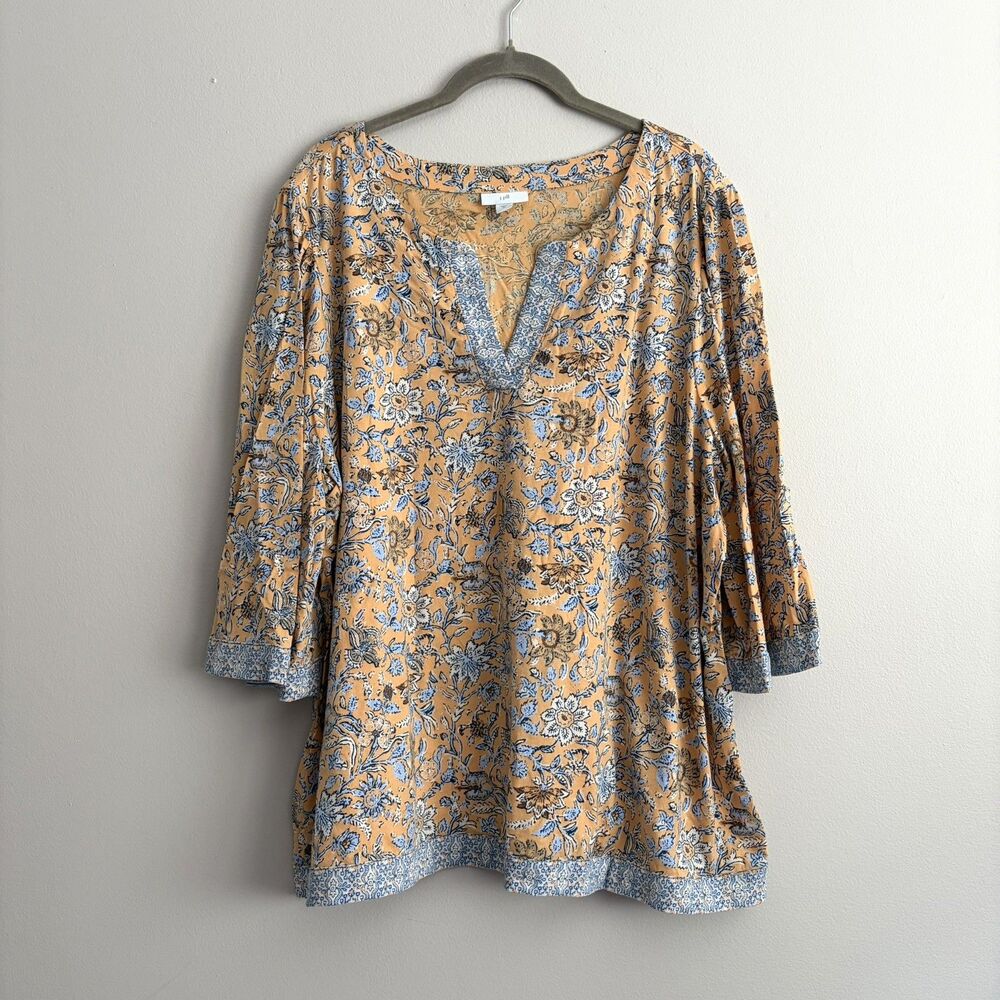 J. Jill Womens Plus Yellow Floral 3/4 Sleeve Top Size 2X 100% Cotton Cottagecore